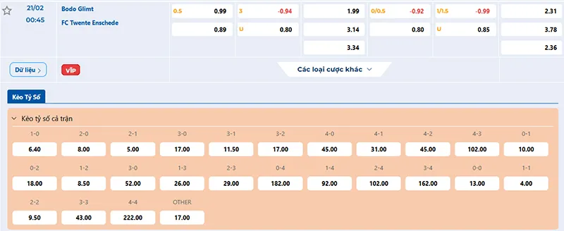 Thông tin tỷ lệ kèo Bodo Glimt vs Twente 00h45 ngày 21/02/2025
