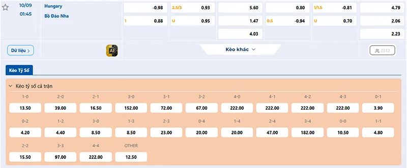 Thông tin tỷ lệ kèo Hungary vs Bồ Đào Nha 01h45 ngày 10/9/2025 