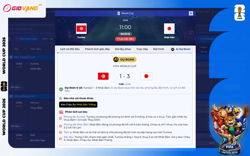 Dự đoán AI Tunisia vs Nhật Bản 11h00 ngày 21/6/2026