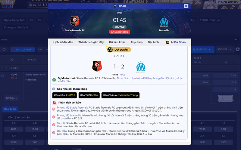 Dự đoán AI Rennes vs Marseille 01h45 ngày 12/9/2026